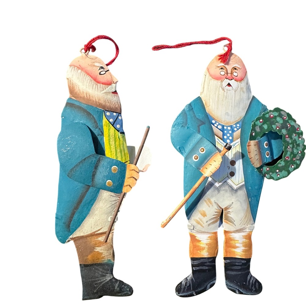 Dept 56 Victorian Santa Tin Ornaments Set 2 Blue Coat Father Christmas Metal 90s